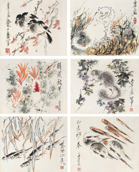 虚谷《禽鱼走兽》册页如《梅花图轴,笔立之悬崖之上,兰花开满了