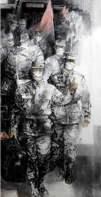 袁泉  来了亲人解放军   238X125cm   中国画  2020年