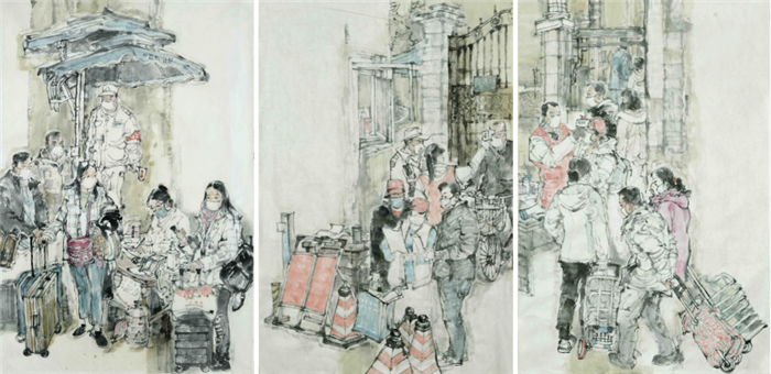钱磊《战疫街頭》 中国画